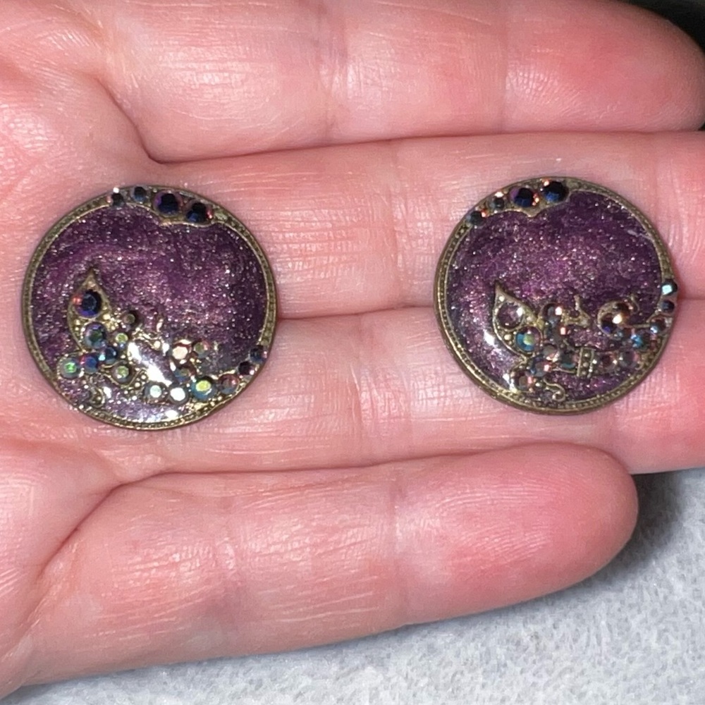 Vintage Purple and Glitter Round Glass Stud Earrings